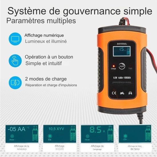 Chargeur de batterie - Auronic - Chargeur de secours - pour voiture et moto - 12V - jusqu'à 100Ah - Orange