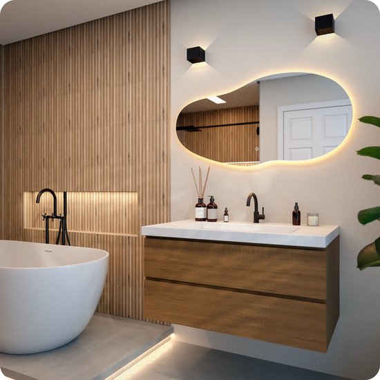 Miroir de salle de bains Mirlux avec éclairage LED – Miroir mural asymétrique – Miroir de douche anti-buée – 120 x 60 cm