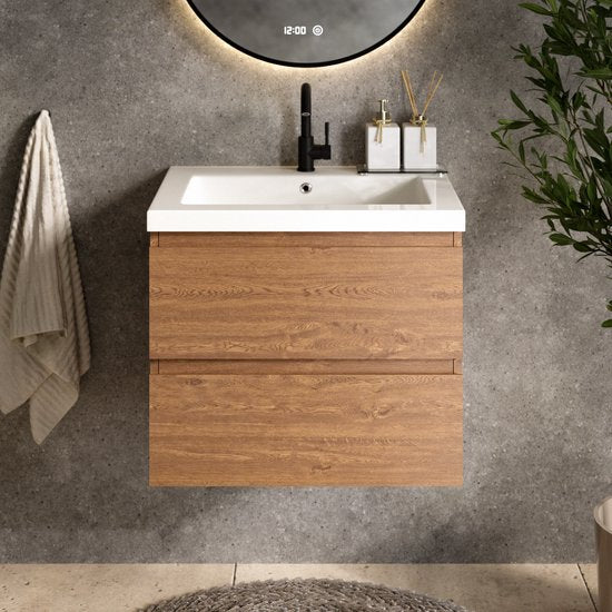 Mirlux Meuble de salle de bains Chêne chaud 60 cm - Lavabo Blanc - Ensemble de meubles de salle de bains - Meuble lavabo Chêne chaud