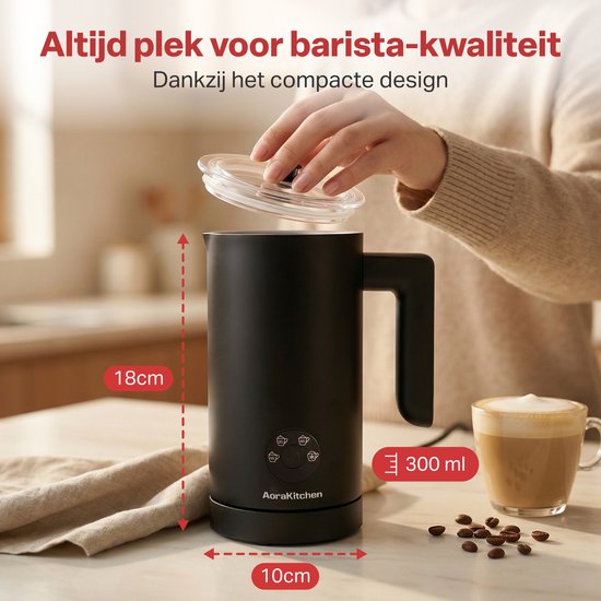 Mousseur à lait AoraKitchen - 300 ml - Mousseur à lait - Acier inoxydable - Électrique - 4-en-1 - Revêtement antiadhésif - 500 W