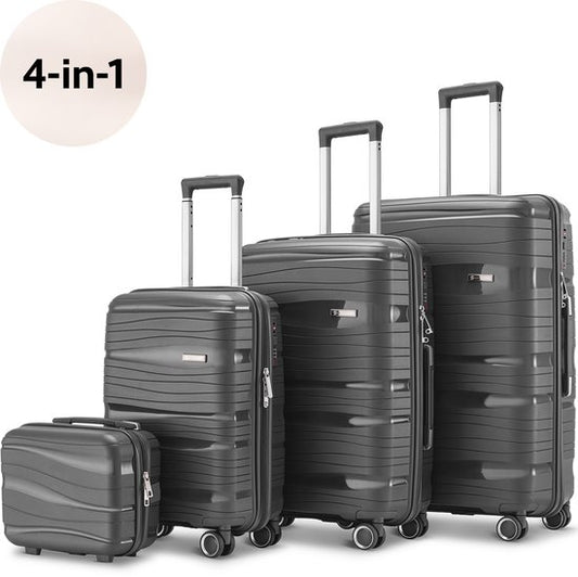 SKYCASES Travelin' Charm 4-Piece Trolley Set - Hand Luggage & Check-in Suitcases - 32L/60L/98L - Number Lock - 360° Noiseless Wheels - Lightweight & Sturdy - Modern Design - Anthracite V2