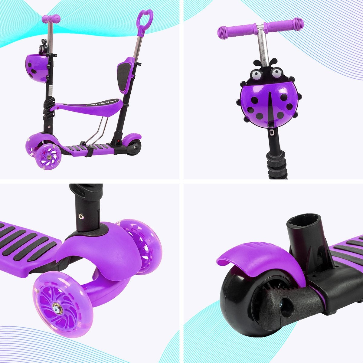 Scooter pour enfants avec barre de poussée - LifeGoods MultiRider - 3 à 8 ans - garçons/filles - 3 roues lumineuses - violet
