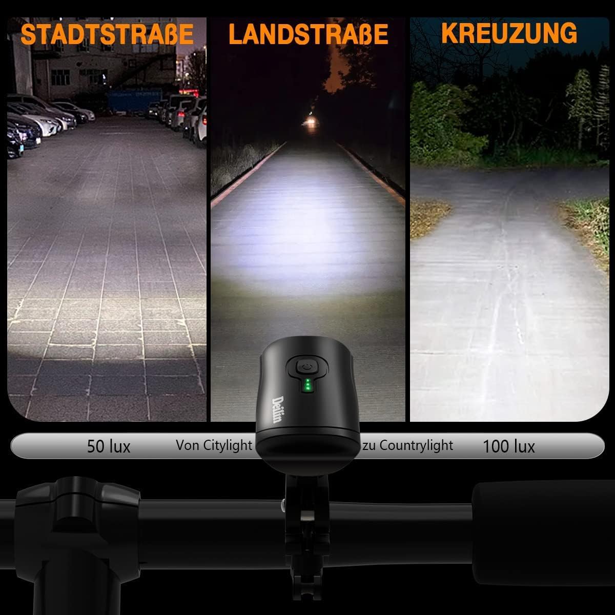 Kit d'éclairage vélo Delin Premium – Doté d'un réglage intelligent de la luminosité, d'un indicateur de batterie et d'un boîtier étanche IPX5 – Pour montage sur guidon et sécurité routière – Polycarbonate noir – 100 lux