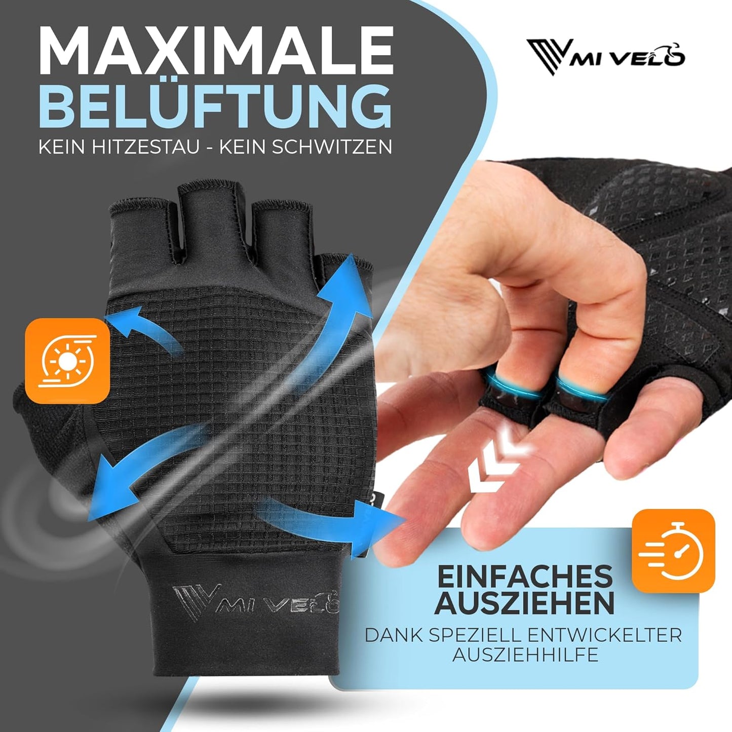 MIVELO Gants de cyclisme rembourrés - Modèle d'été - Respirant et sans doigts - Forte adhérence - Noir - Taille M