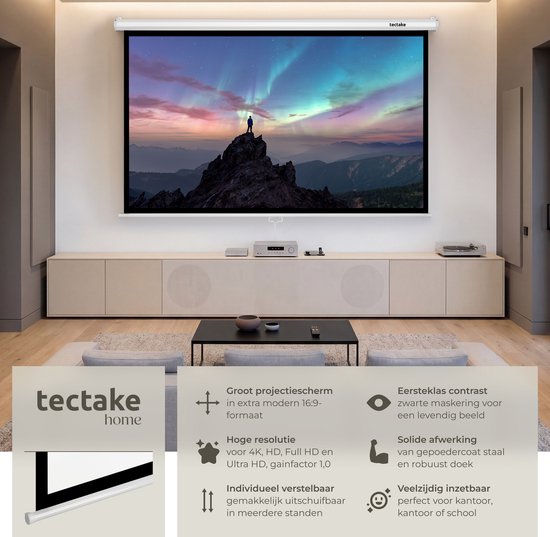 Écran de projection tectake® - 84 pouces (214 cm) - Écran de projection 16:9 - Fixation murale ou au plafond - 4K HD - Enroulable - Déployable - Toile de projection - Écran de présentation - Home cinéma - Matériel de fixation inclus