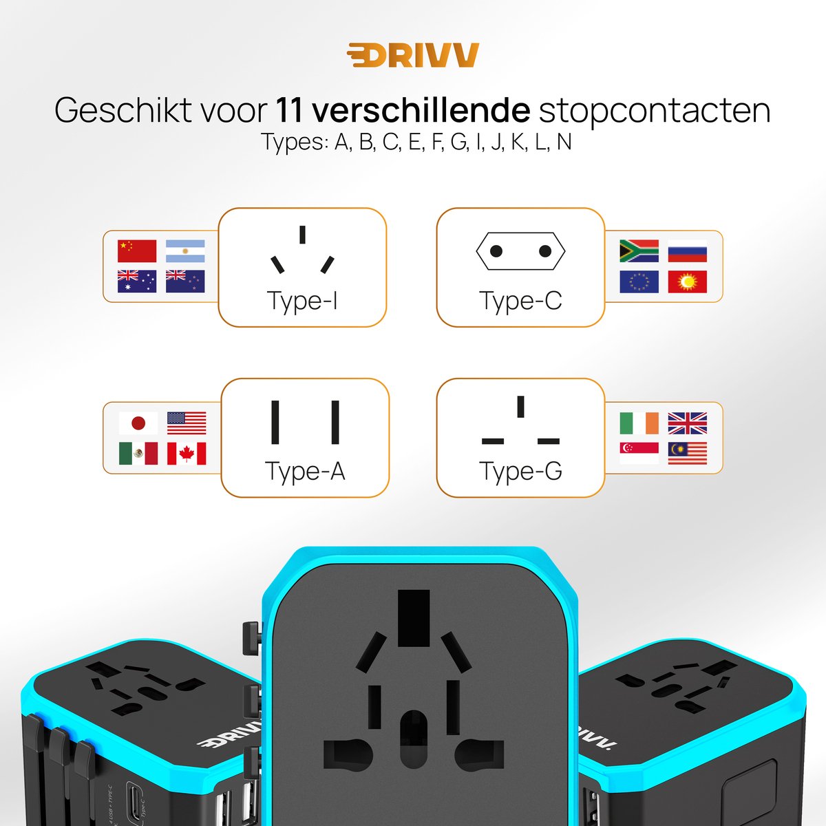 Drivv. Adaptateur universel - 4 ports USB et 1 port USB-C à chargement rapide - Adaptateur de voyage pour les États-Unis / l'Angleterre / le Royaume-Uni / le Canada / l'Afrique / le Japon / le Mexique / la Thaïlande / l'Amérique du Sud - Types A, B, C, E,