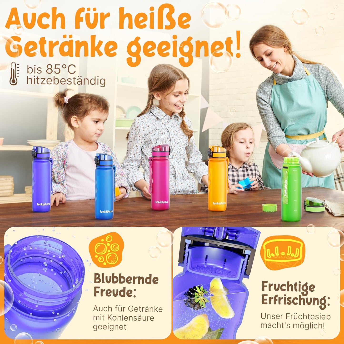 Funkelfuchs® gourde pour enfants - 500ml, violet - gazeuse - 100% étanche - bouteille d'eau lavable au lave-vaisselle - pour la maternelle, l'inscription à l'école, l'école, le sport