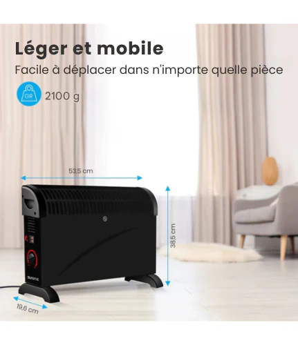 Radiateur Convecteur Électrique Réglable - Auronic - 750/1250/2000 Watts - 3 Niveaux de Chaleur - Thermostat Réglable - 53,5 x 19,6 x 38,5 cm - Noir