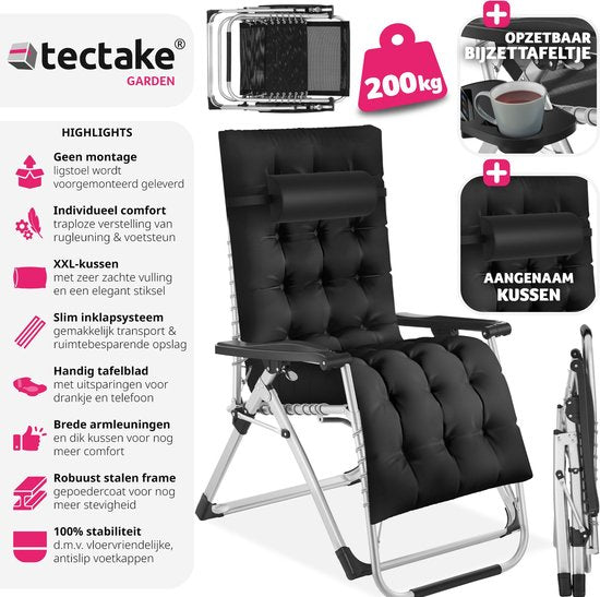 Chaise longue pliante, Tectake®, Chaise longue de jardin, Avec coussin, Chaise longue inclinable, Noir