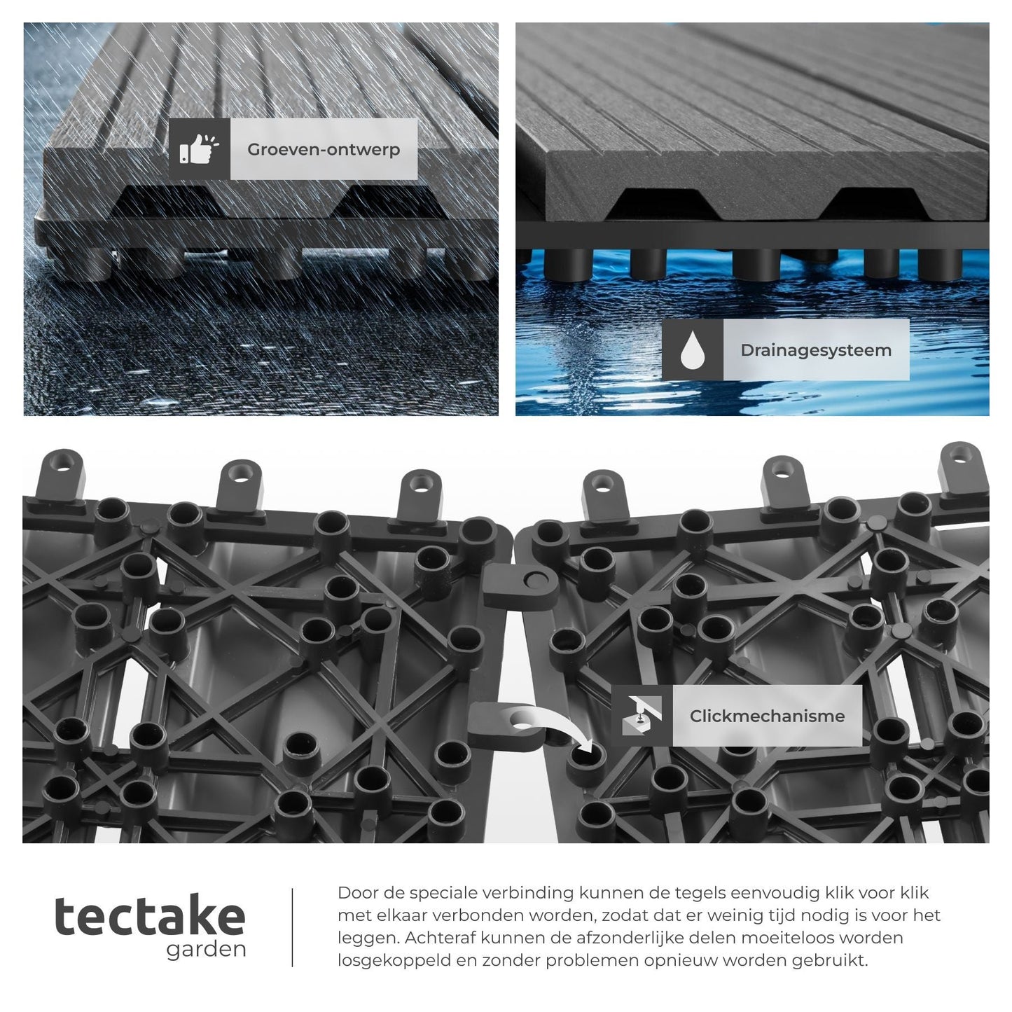 Tectake Tegulas WPC Terra Tiles Grey 31 x 31 x 2.2 cm - Lot de 22 - Système Click - Aspect bois