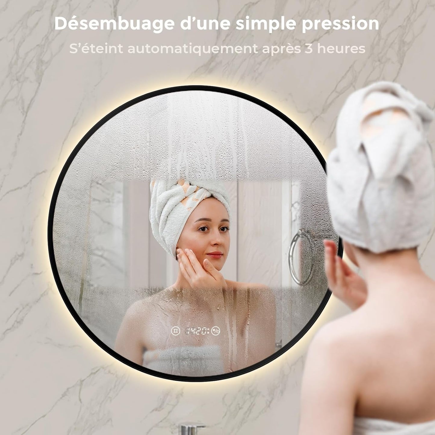 Miroir de salle de bain rond S'afielina avec éclairage LED, noir, Ø 60 x 3 cm - Intensité réglable - Anti-condensation - Horloge et affichage de la température