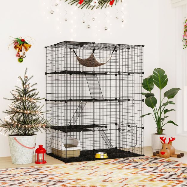 Cage à chat spacieuse à 4 étages de 143 cm de haut - Cage en métal noir avec hamac, étagères et échelles pour chats et petits animaux de compagnie