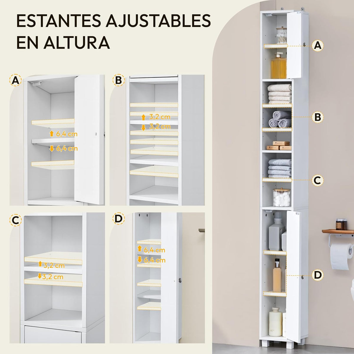 Armoire de salle de bains Yaheetech, modèle étroit, avec 6 étagères réglables, 20 × 20 × 180,5 cm, blanche