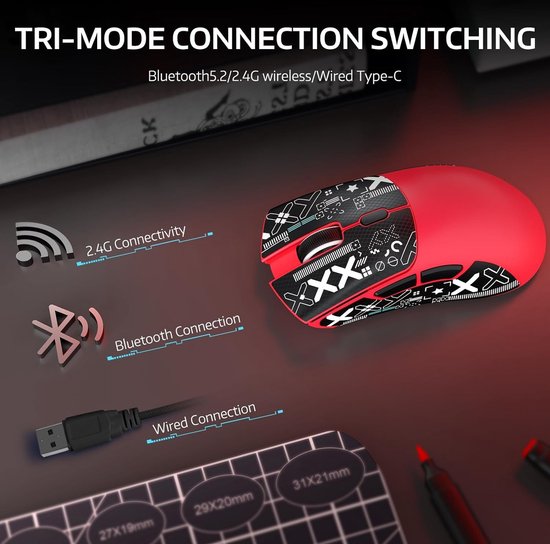 ATTACK SHARK R1 Superlight Gaming Mouse 59g - Rouge - 12.2 × 6.4 × 3.8 cm - Sans fil et filaire - Jusqu'à 18 000 DPI - 65 heures d'autonomie de la batterie