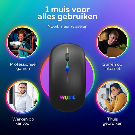 Wurk Wireless RGB Mouse - Rechargeable - Bluetooth 4.0 - 2.4GHz - USB - Sans fil - Souris d'ordinateur - Ordinateur portable - PC - Noir