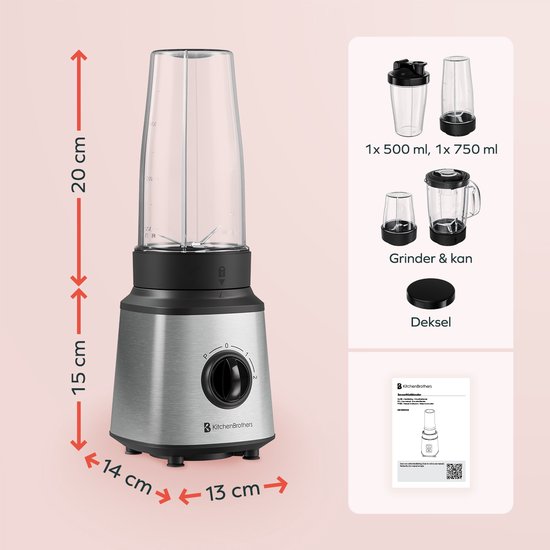 KitchenBrothers Blender - Set complet - 2x 750ml Bowl - Grinder - Tamper - To-Go Cups - Acier inoxydable