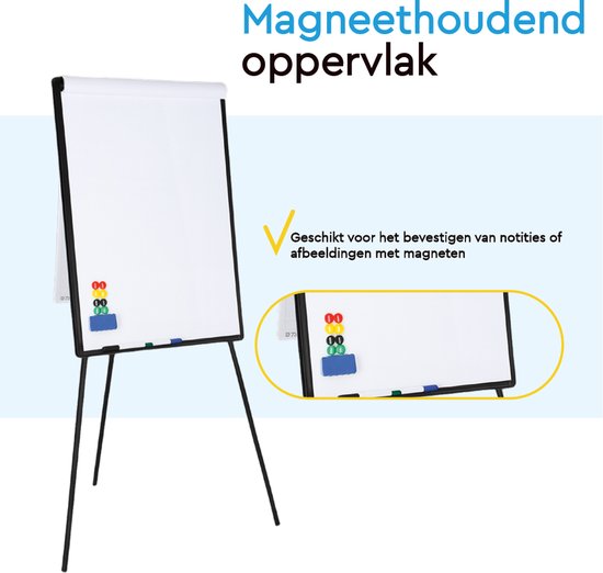 BRASQ Flipchart - 70x100 cm - Tableau blanc ajustable - Comprend 25 feuilles de papier, 4 marqueurs, 8 aimants, une gomme - Tableau magnétique avec crochets - Tableau magnétique - Noir