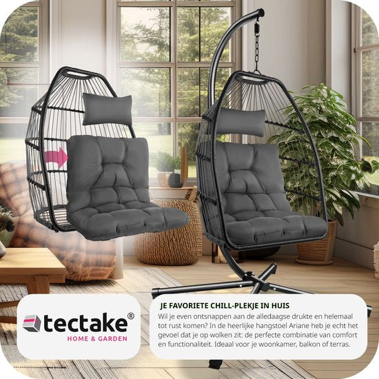 tectake® - Chaise suspendue de luxe - chaise pliante et pivotante avec support - coussins épais - pieds antidérapants - housse de protection incluse. Idéal pour le jardin, la terrasse, la chambre - gris foncé