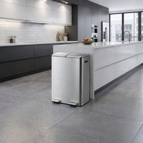 Bayt Poubelle - Poubelle 60 litres (2x30) - Poubelle 60 litres - Poubelle à pédale 60 litres - Poubelle Séparation des déchets - Poubelle 2 compartiments - Poubelle - Acier inoxydable - Argent