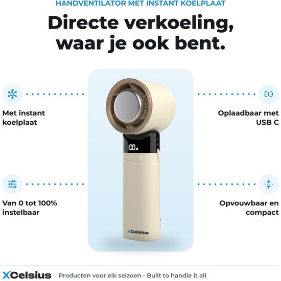 Ventilateur portable XCelsius® - Mini-ventilateur pliable - Rechargeable via USB-C - Réglage continu de 0 % à 100 % - Avec plaque de refroidissement instantanée - Beige/Crème
