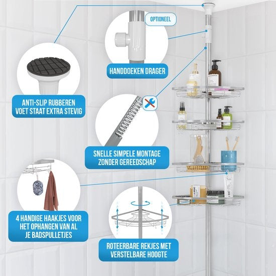 Porte-douche télescopique Strex en acier inoxydable - réglable 70-275 cm - 4 paniers - qualité robuste - fixation sans perçage ni vis - Porte-douche télescopique d'angle