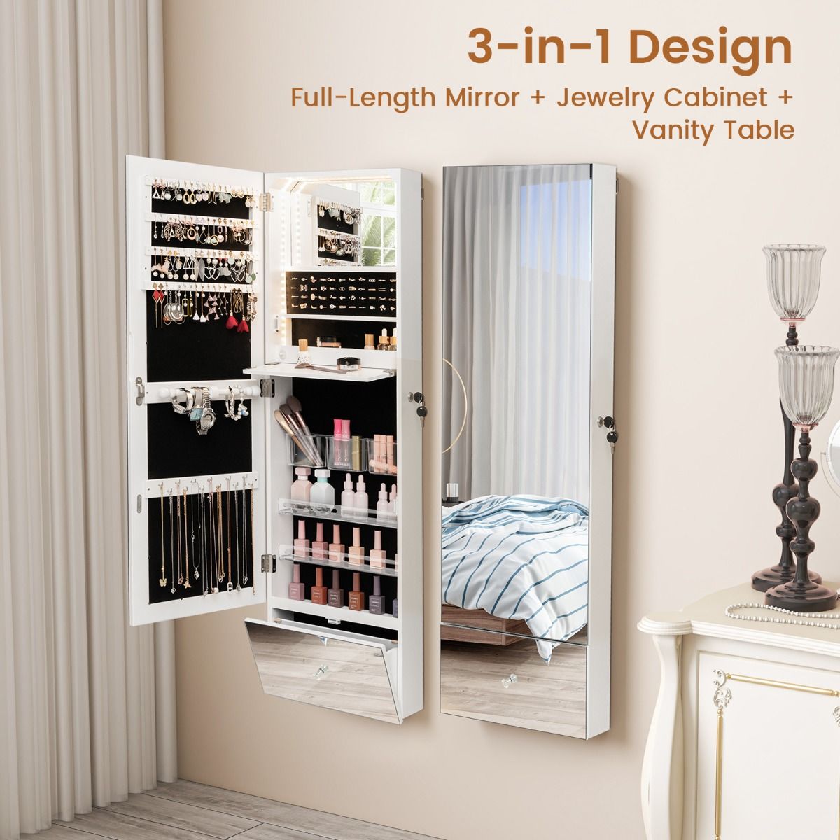 Coast Armoire à bijoux - avec miroir - éclairage LED - 120 x 37 x 11 cm - Blanc