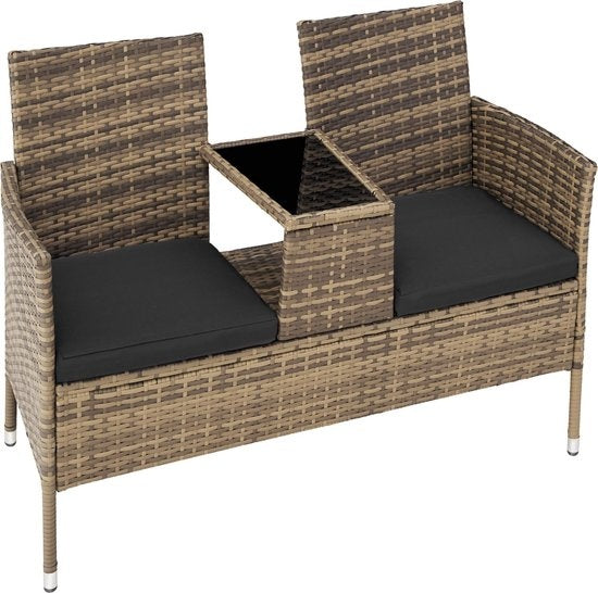 Banc de jardin en osier avec table, Tectake, banc 2 places, 131x61x82 cm, balcon et terrasse, Avec coussin d'assise, naturel/gris foncé, poly-rotin