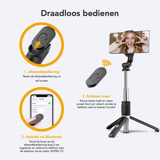 Studio ME Selfie Stick Universal - Trépied - Convient pour téléphone et caméra d'action - 100 cm - Selfie Stick - Rotation à 360° - Télécommande Bluetooth - Support de téléphone
