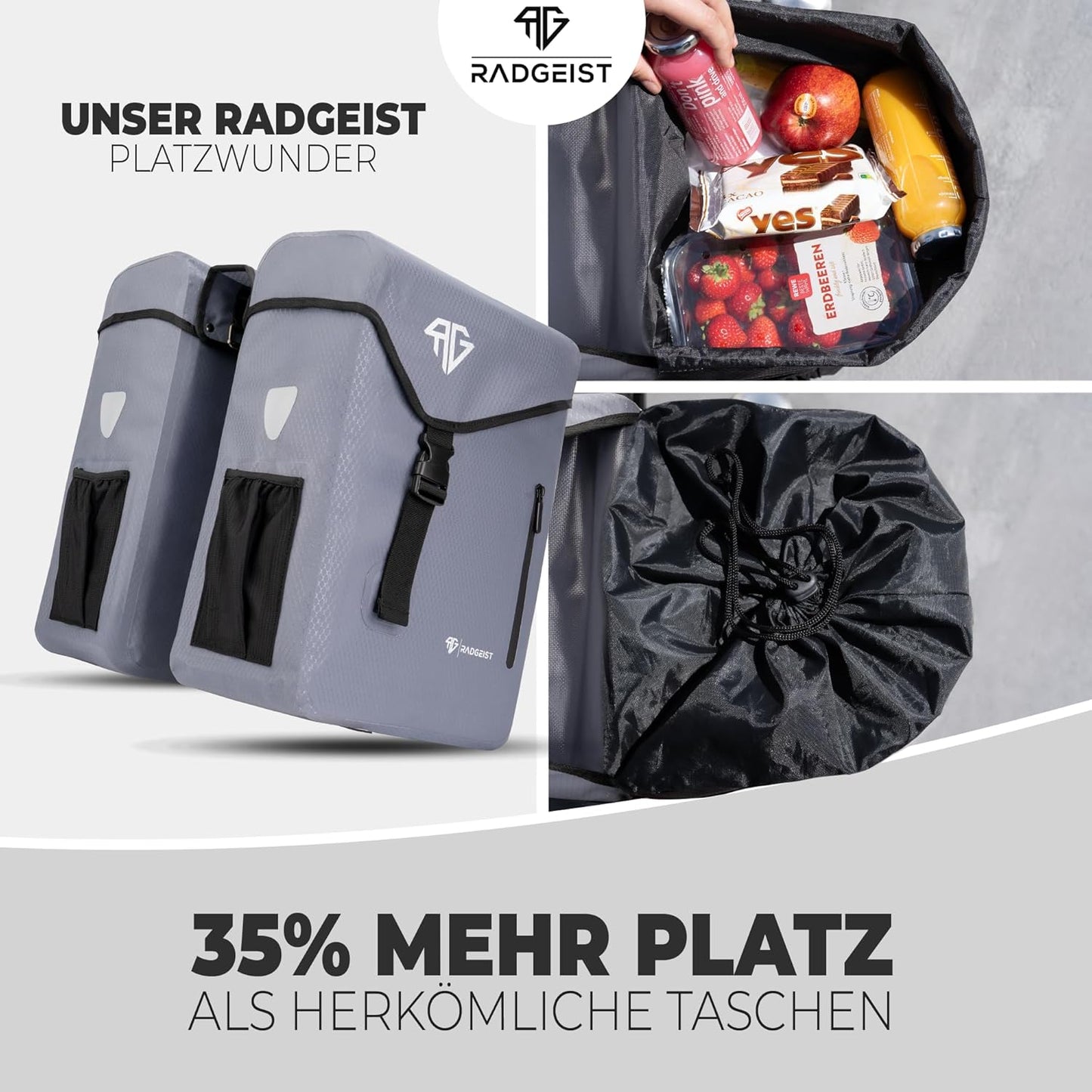 RADGEIST sacoche vélo pour transporteur 100% étanche I Double sacoche vélo 50 litres - Double sacoche vélo avec fermeture facile (gris)