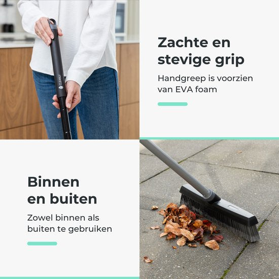 CLEANLY Balai intérieur et extérieur avec manche télescopique 115-142 cm - Brosse avec manche - Balai de rue - Balai de salle - Balai de salle - Balai doux - Balai d'intérieur - Largeur 35 cm - Noir, Gris