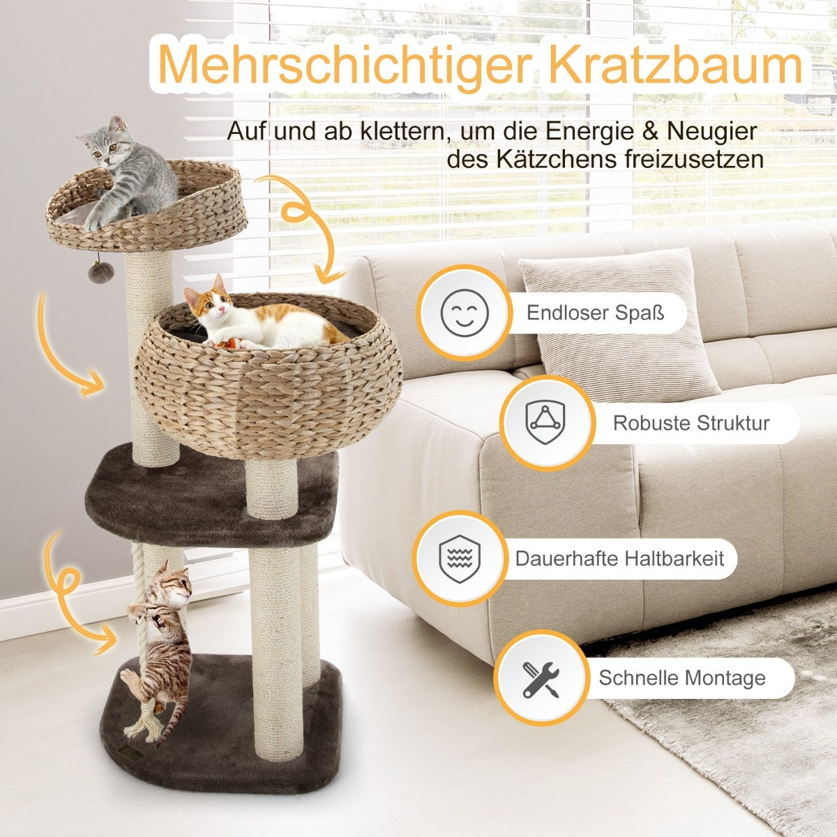Coast 104 cm Cat Tree gemaakt van hout met bedden en speelgoedbal en sisal gewikkelde kolommen