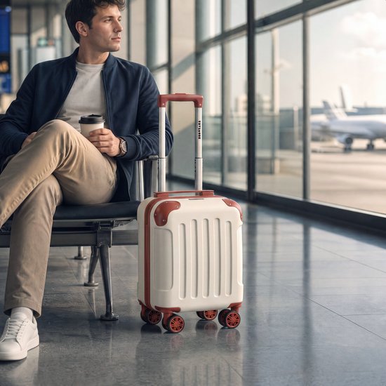 Valise cabine TRVLMORE - 40 x 30 x 20 cm - À placer sous le siège - 24 L - Serrure à combinaison - 4 roues - Blanc/Beige