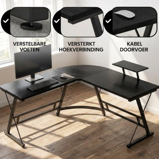 Bayt Corner Desk - Bureau - Gaming Desk - Bureau en L - Table d'ordinateur - Noir - 129 x 129 x 74 cm