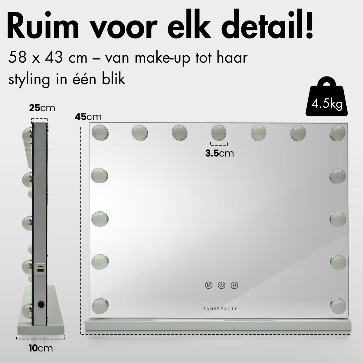 Sansbeauté® Hollywood Mirror 58x43 cm - Miroir de maquillage - 15 lampes LED - grossissement 10x - dimmable - port de charge USB - Touch Control - noir