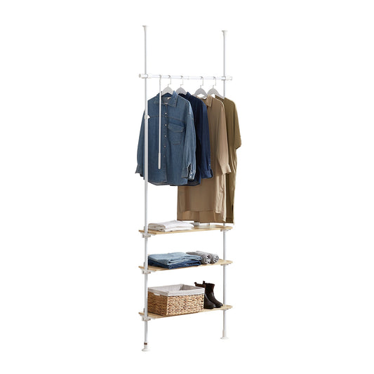 SoBuy KLS14-WN Portoir à linge télescopique blanc, 1 tringle, 3 étagères, fourche à linge, 97x24x193-262 cm