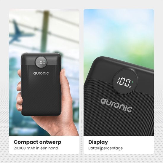 Auronic Powerbank - Chargeur rapide iPhone et Samsung - 20 000 mAh - 22,5W - 3 ports de charge - Chargement rapide via USB-A et USB-C - Noir