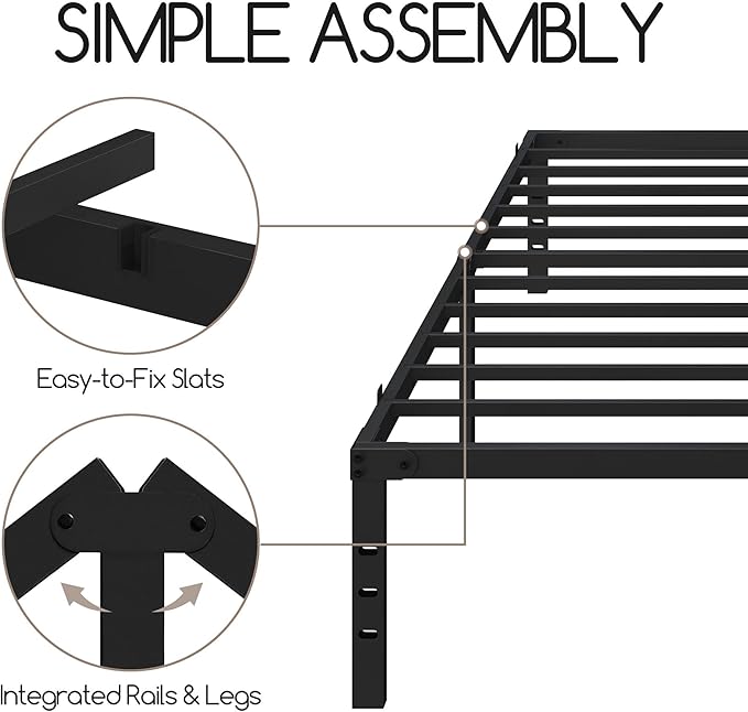 Cadre de lit en métal Yaheetech 135 x 190 cm – Noir – 135 x 190 x 41,5 cm – Avec sommier à lattes en acier et espace de rangement