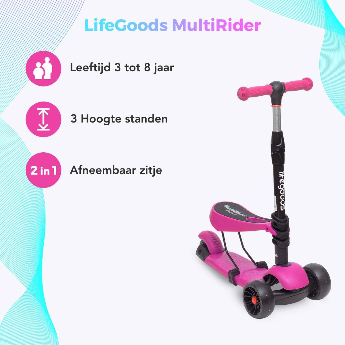 LifeGoods MultiRider Scooter pour enfants - Étape 3-8 ans - Siège réglable - Roues lumineuses - Garçons/Filles - Rose