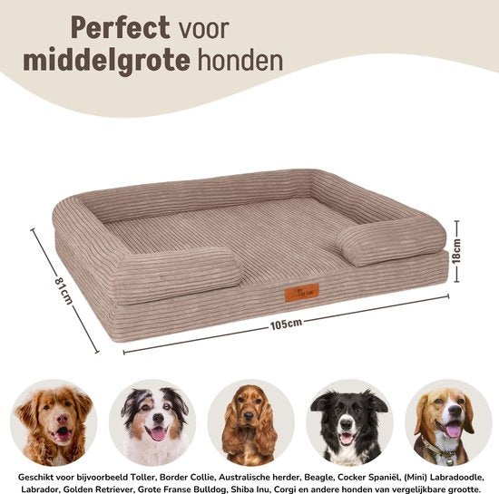 By Cee Cee Panier orthopédique pour chien - Coussin orthopédique pour chien - Lit pour chien - Tissu côtelé - Pour chiens de taille moyenne - Taupe moka - 108x81cm - Emma