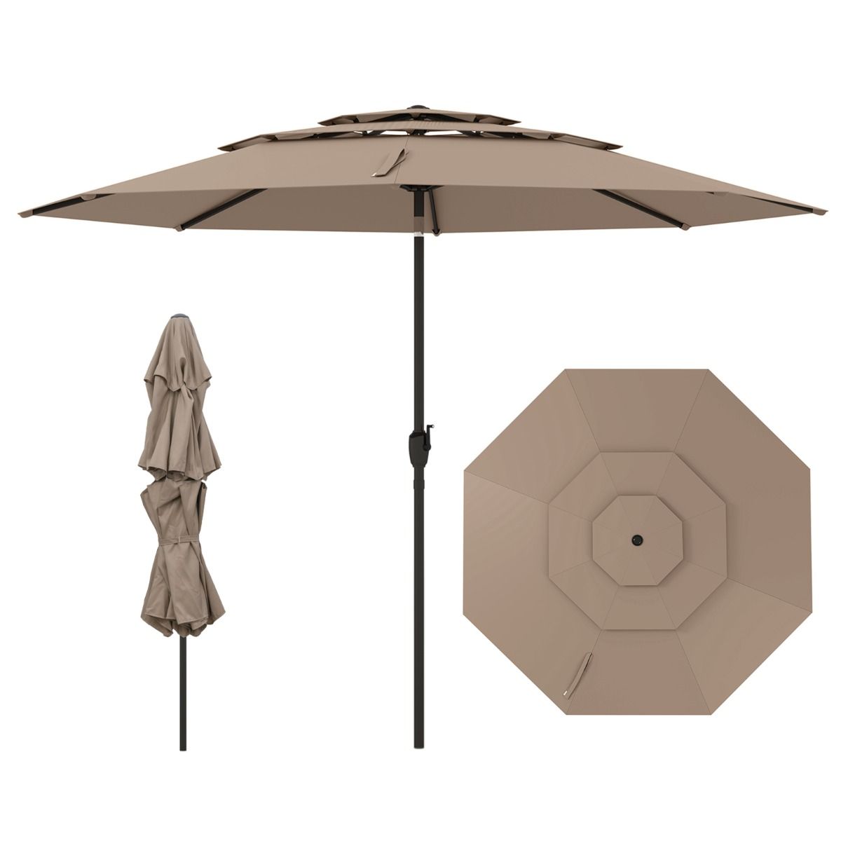 Parasol de table Coast Light Brown 300 cm - Parasol 3 couches avec mécanisme d'inclinaison et manivelle - Parasol de jardin avec 8 baleines et toile ventilée