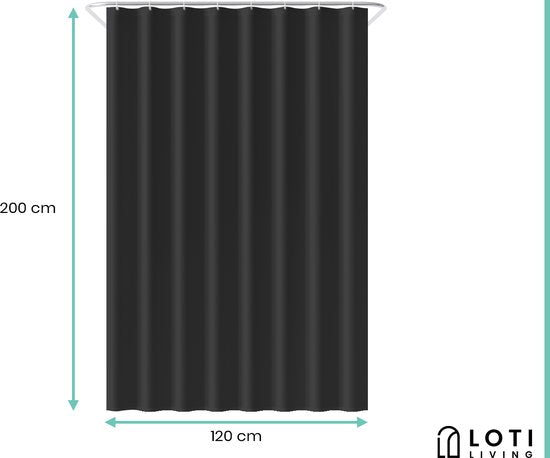 Loti Living Rideau de douche anti-moisissure - Noir - Anneaux inclus - Imperméable - Polyester - Rideau de douche 120x200 cm