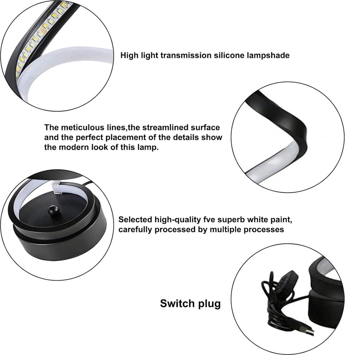 NEXXT - Lampe de table LED Spiral - Alimentation USB - Dimmable - 3 couleurs de lumière - Design minimaliste - Table de chevet / Bureau - Noir