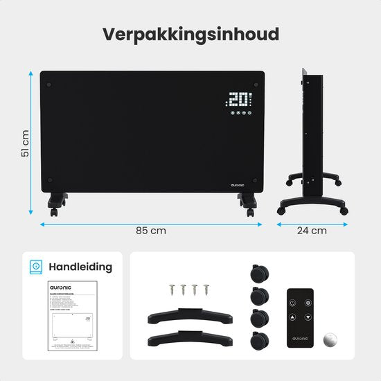 Auronic Electric Heater - Convector Heater with Thermostat and Remote Control - Glass Panel Heater - 2500W Heater - Black