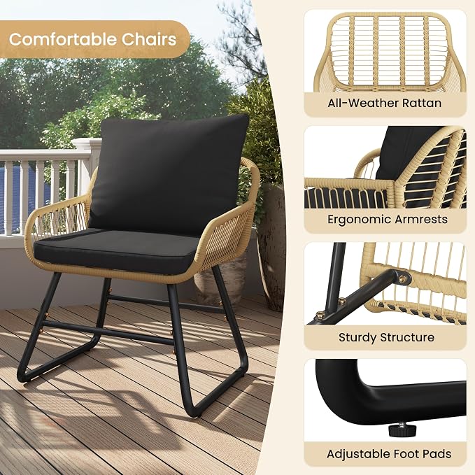 Ensemble de jardin Yaheetech 3 pièces style bistrot - Beige/Noir - Ensemble de jardin en rotin avec table en verre et 2 chaises