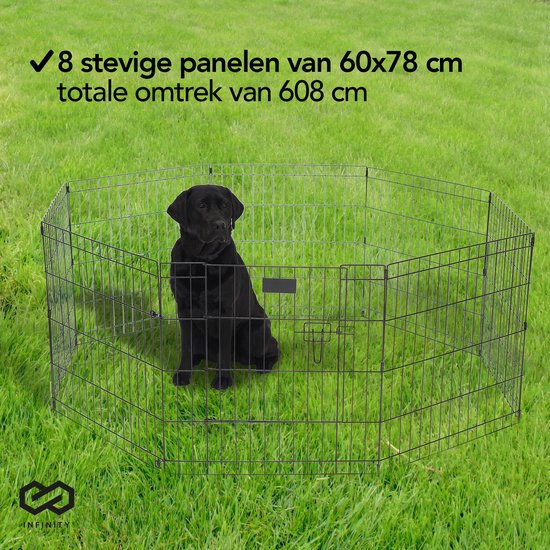 Infinity Goods Puppyren - Hondenren - 8 Panelen - 60 x 76 CM - 608 CM Omtrek - Opvouwbaar - Met Deur - Konijnenren - Zwart