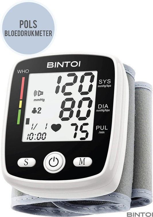 Bintoi® BXE100 - Tensiomètre de poignet - Cardiofréquencemètre - Rechargeable par USB - Étui de rangement inclus - 2 utilisateurs