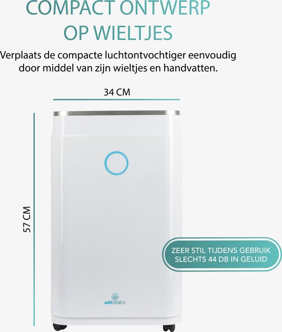 Déshumidificateur 20L - Aironex - 20 litres par jour - Prévient les moisissures - Silencieux - Blanc