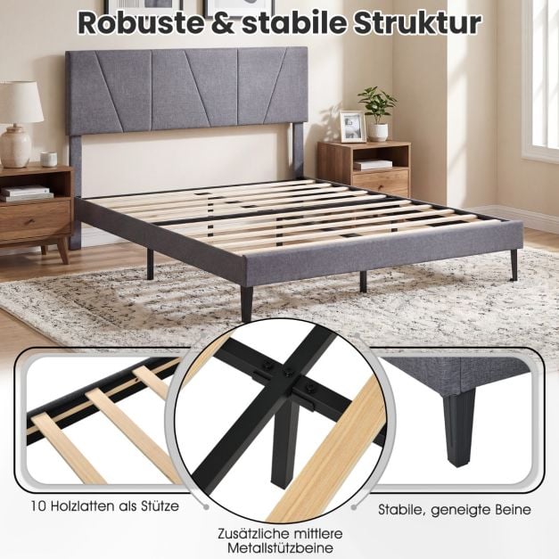 Cadre de lit rembourré Coast – 160 x 200 cm – Tête de lit réglable – Gris foncé