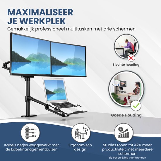 TTD® Bras pour moniteur 2 écrans et ordinateur portable - Bras pour moniteur 3 écrans - Bras pour moniteur 2 écrans et 1 ordinateur portable - Entièrement rotatif et réglable en hauteur - 9 kg par bras - Support pour moniteur - Noir - Aluminium - Support