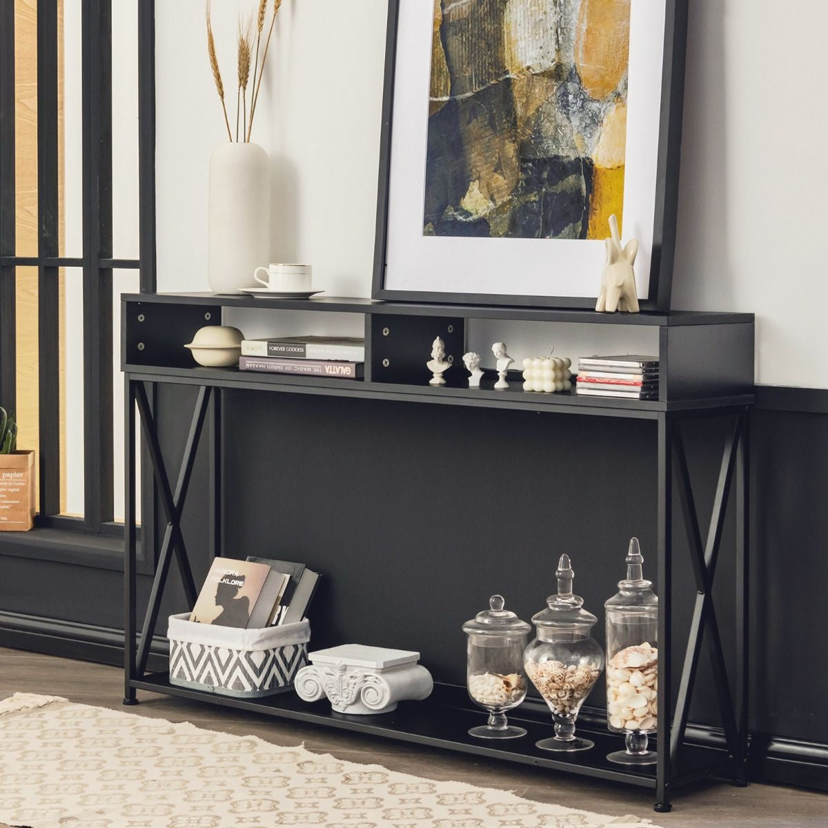 Table console Coast - 2 compartiments de rangement 1 étagère ouverte - 120 x 23 x 79 cm - Noir - Acier+bois